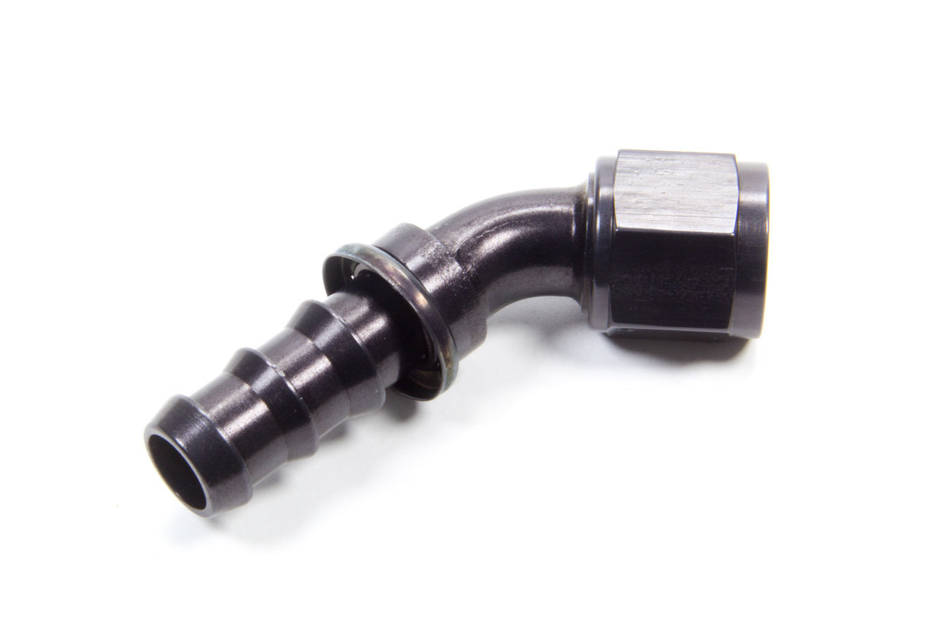 Aeroquip Fitting - Hose End - AQP Socketless - 45 Degree - 10 AN Hose Barb to 10 AN Female - Aluminum - Black Anodized