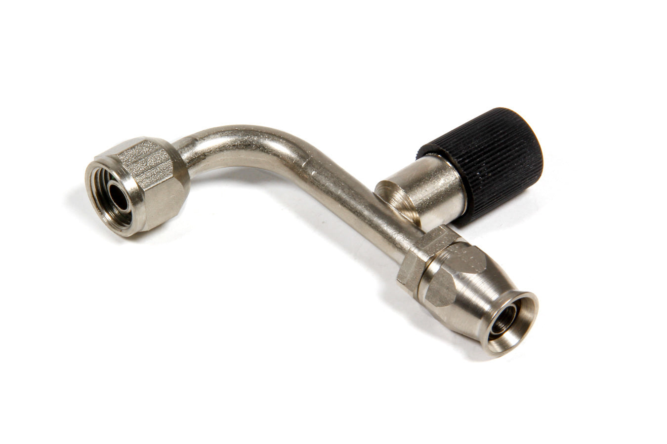 Aeroquip Fitting - Hose End - AC Refrigerant - 90 Degree - 6 AN Hose to 6 AN Female O-Ring - Charge Port - Steel -