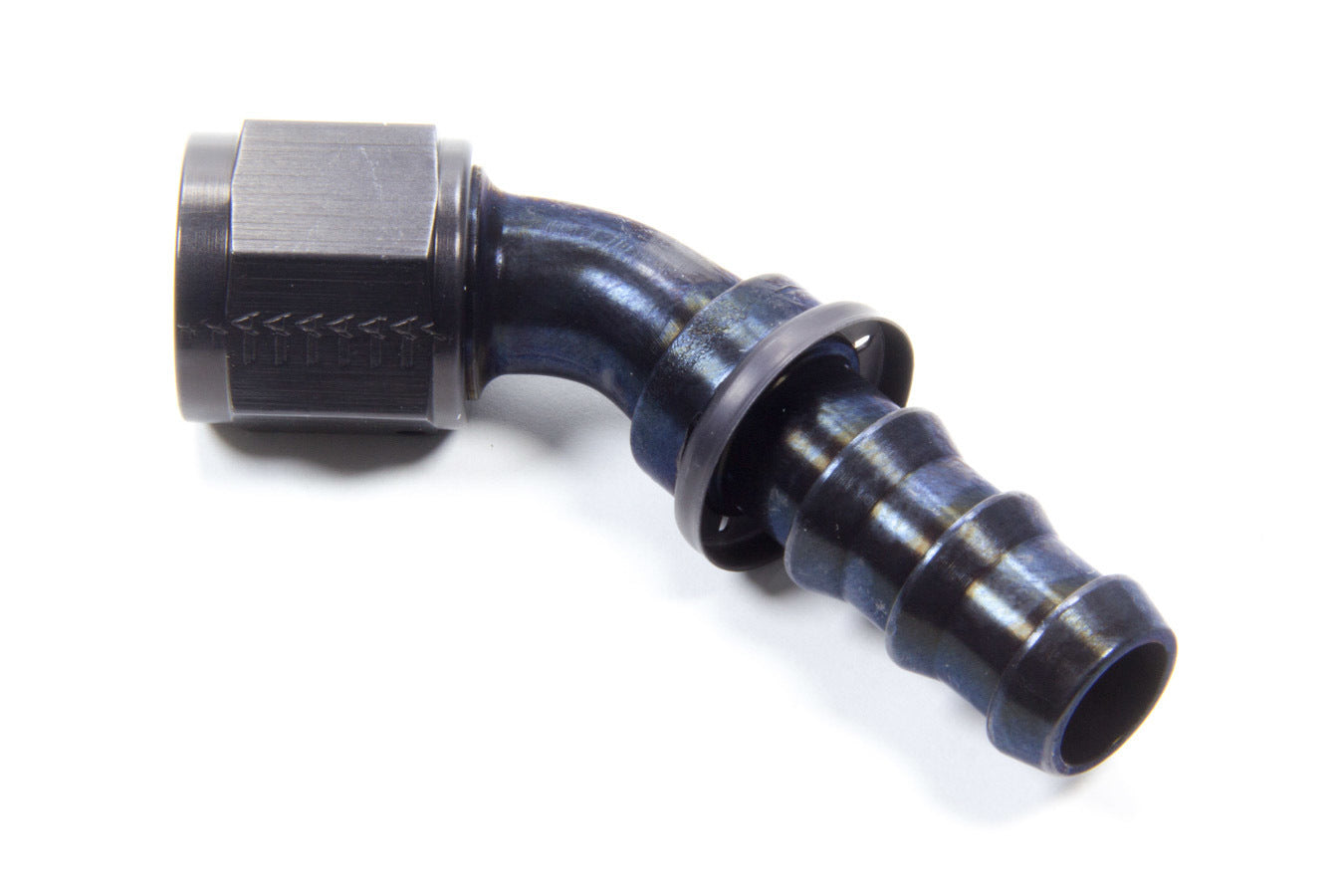 Aeroquip Fitting - Hose End - AQP Socketless - 45 Degree - 10 AN Hose Barb to 10 AN Female - Aluminum - Black Anodized