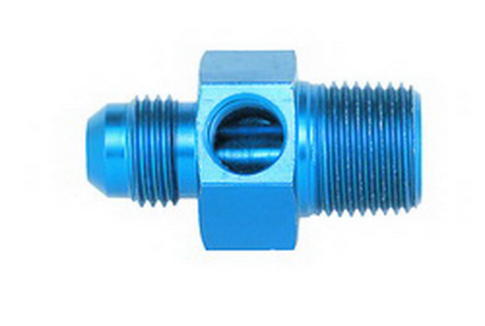 Aeroquip Fitting - Gauge Adapter - Straight - 8 AN Male to 3/8 in NPT Male - 1/8 in NPT Gauge Port - Aluminum - Blue