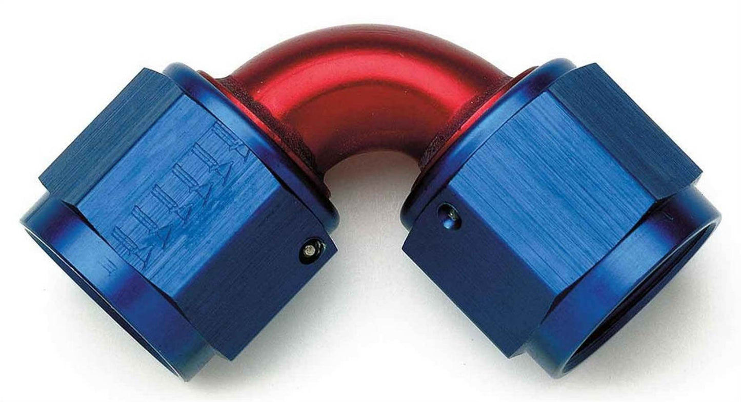 Aeroquip Fitting - Adapter - 90 Degree - 8 AN Female Swivel to 8 AN Female Swivel - Aluminum - Blue / Red Anodized -