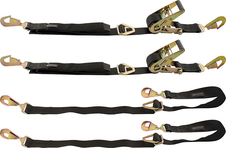 Allstar Performance Ratchet Tie Down - 2 in Wide - 2 Tie Downs / Axle Straps - Twisted Snap Hooks - Nylon Webbing -