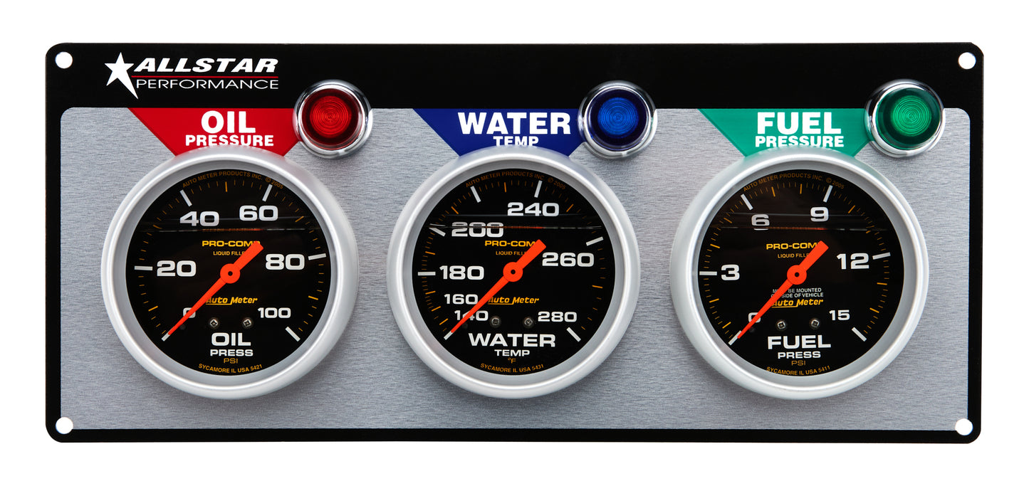 Allstar Performance Gauge Panel Assembly - Auto Meter Pro-Comp - Fuel Pressure / Oil Pressure / Water Temperature -