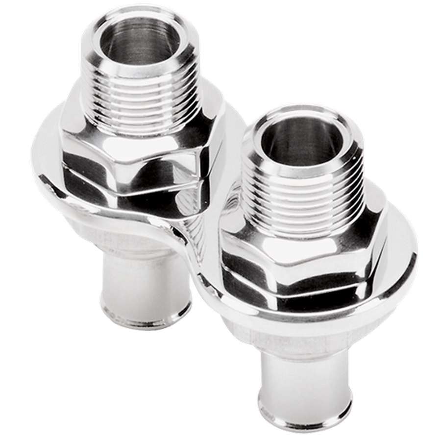 Billet Specialties Bulkhead Plate - Heater - 2 Port - Two 10 AN Male to 5/8 in Hose Barb - Aluminum - Polished - Each