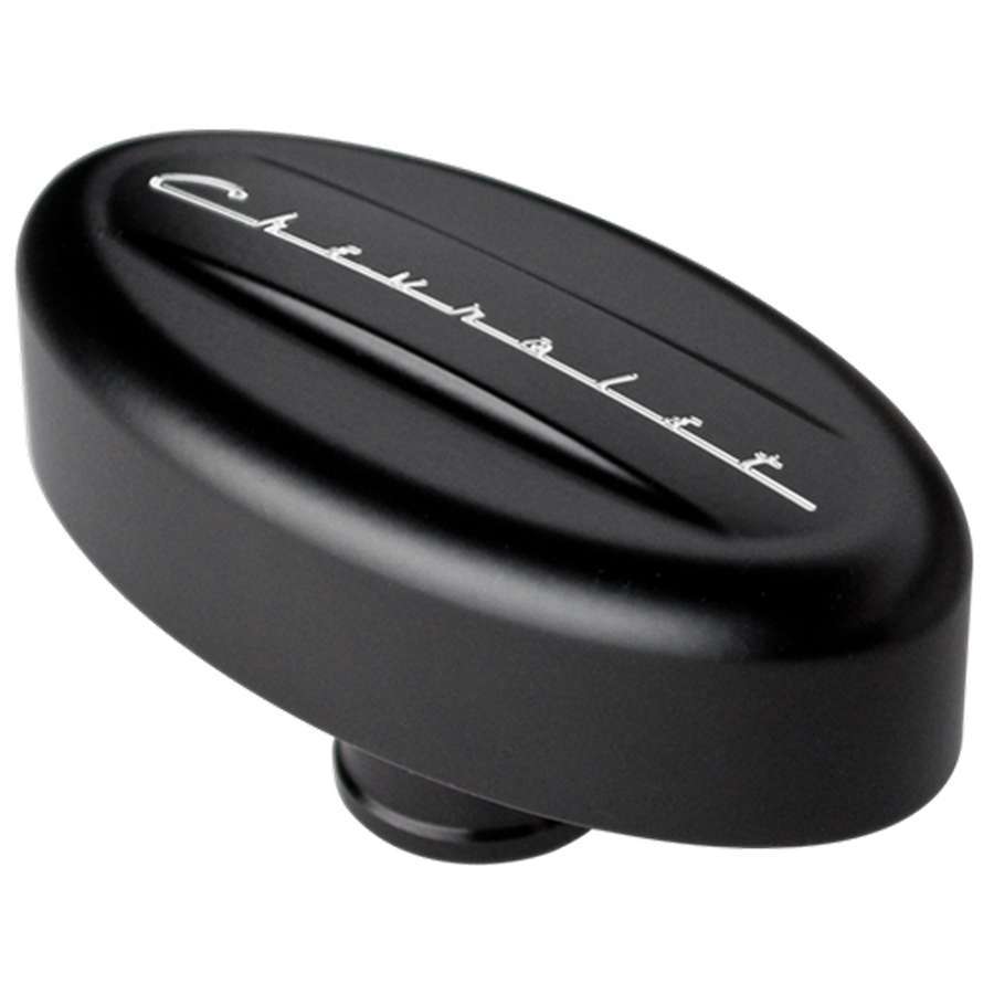 Billet Specialties Breather - Push-In - Oval - 1-1/4 in Hole - Chevrolet Logo - Aluminum - Black Anodized - Each