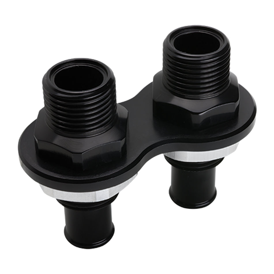 Billet Specialties Bulkhead Plate - Heater - 2 Port - Two 10 AN Male to 5/8 in Hose Barb - Aluminum - Black Anodized -