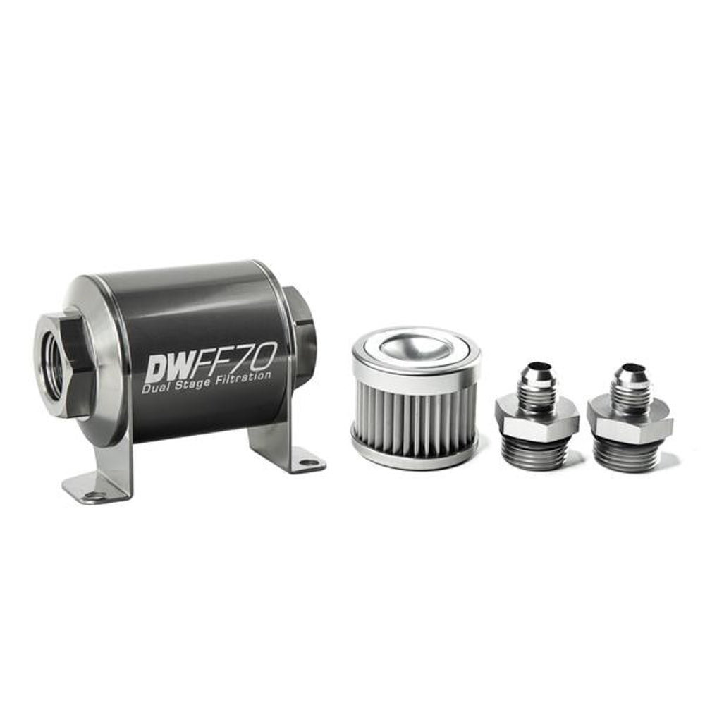 Deatschwerks Fuel Filter - In-Line - 10 Micron - Stainless Element - 6 AN Male Inlet - 6 AN Male Outlet - 70 mm Long -