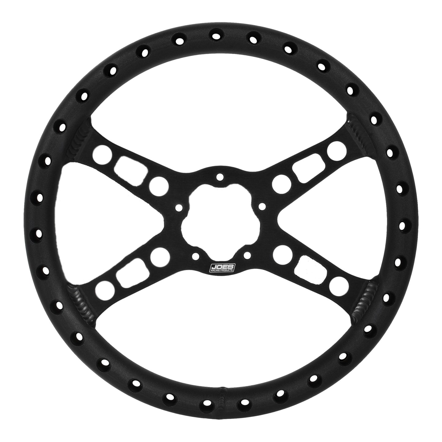 Joes Racing Products Steering Wheel - Lightweight - 13 in Diameter - Flat - 4-Spoke - Drilled Grip - Aluminum - Black