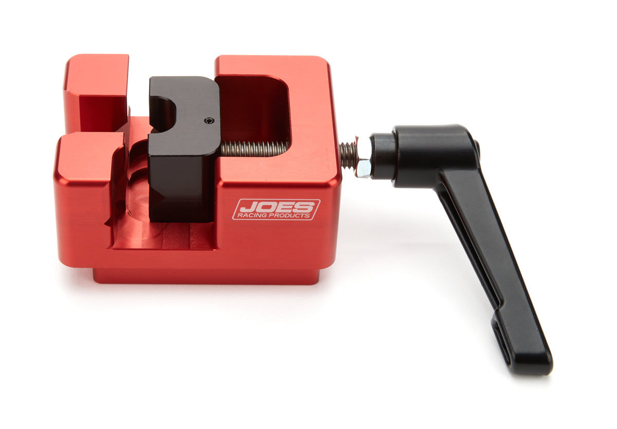 Joes Racing Products Shock Work Station - Single Shock - Holds Shock Body / Shaft - Aluminum / Steel - Black / Red