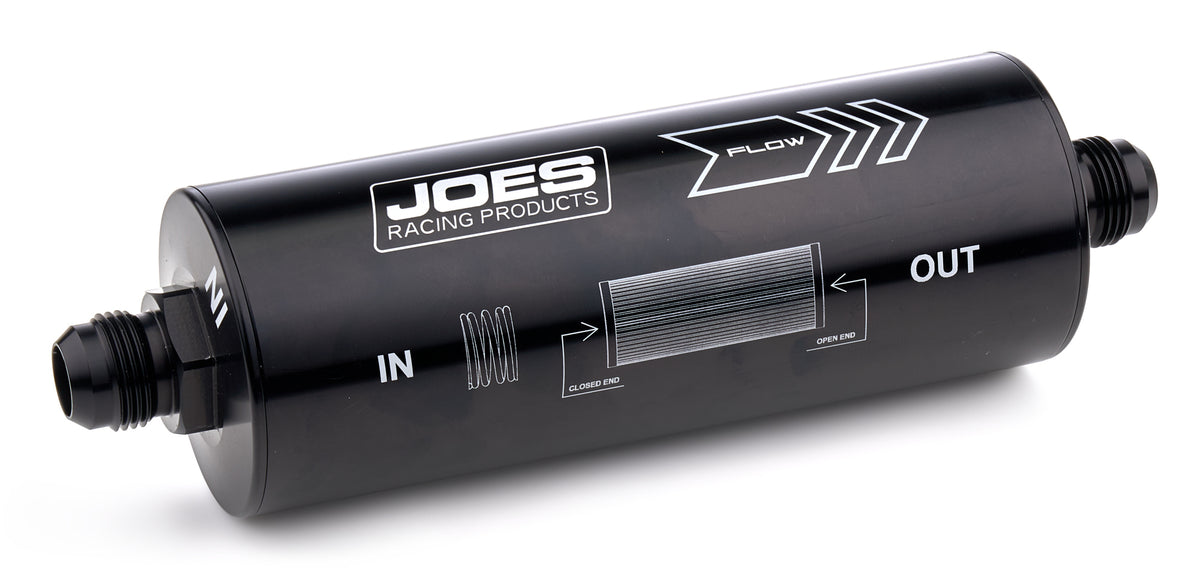 Joes Racing Products Oil Filter - In-Line - Paper Element - 12 AN Male Inlet - 12 AN Male Outlet - Aluminum - Black