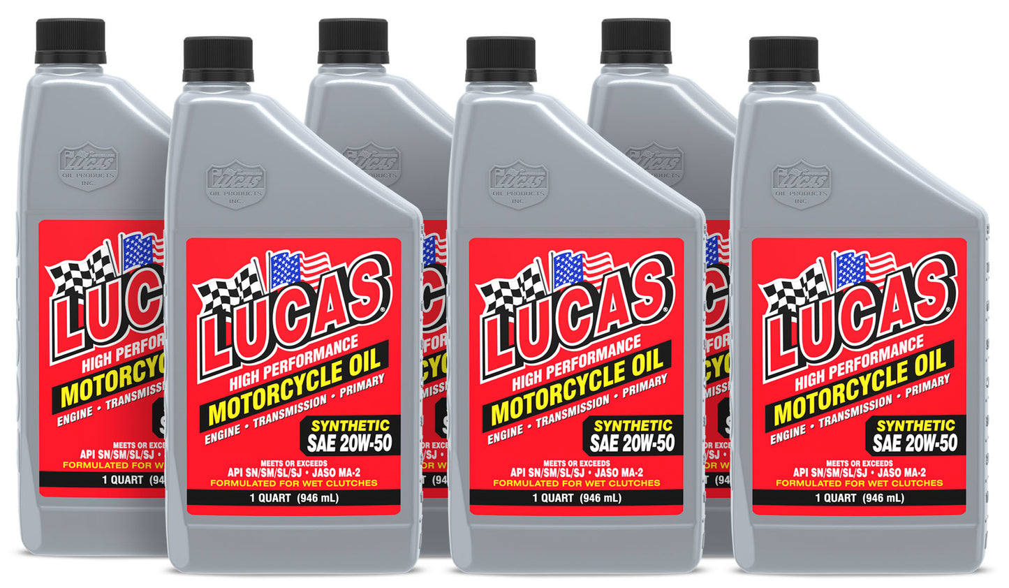 Lucas Oil Motor Oil - High Performance - 20W50 - Synthetic - 1 qt Bottle - Motorcycle - Set of 6