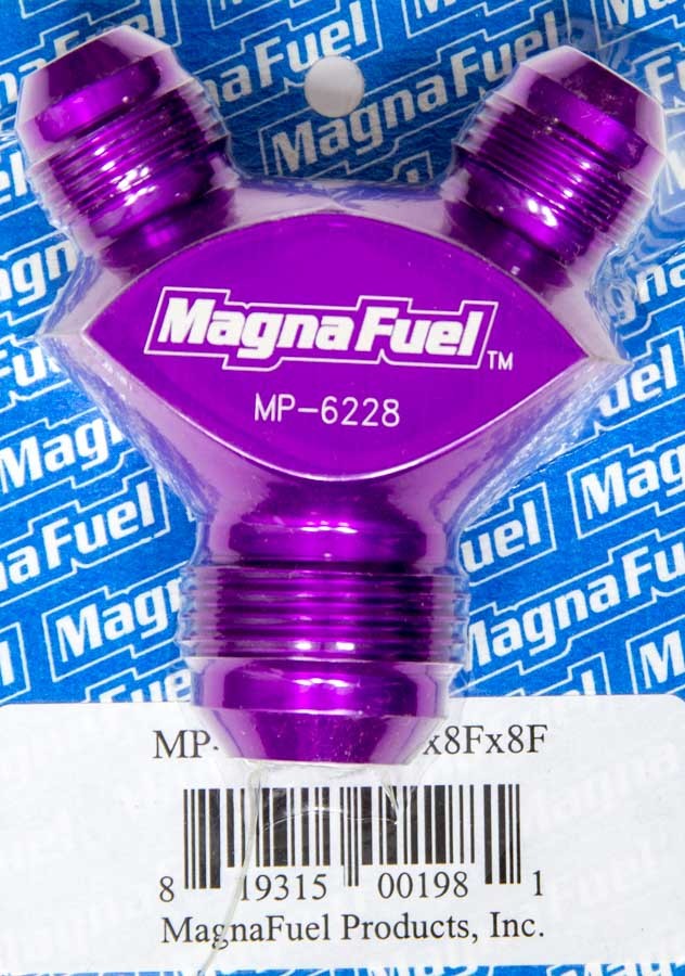 Magnafuel/Magnaflow Fuel Systems Fitting - Y Block - 12 AN Male Inlet - Dual 8 AN Male Outlets - Aluminum - Purple