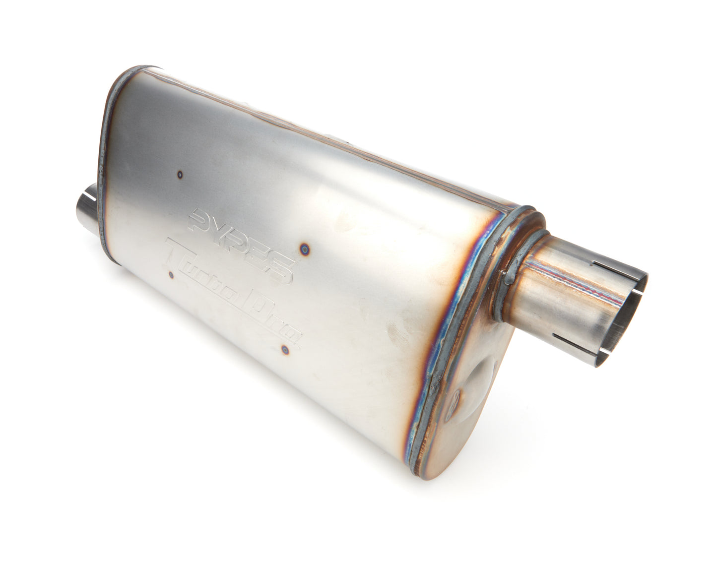 Pypes Performance Exhaust Muffler - Turbo Pro - 2.5 in Offset Inlet - 2.5 in Offset Outlet - 9.5 x 4.5 in Oval Body -