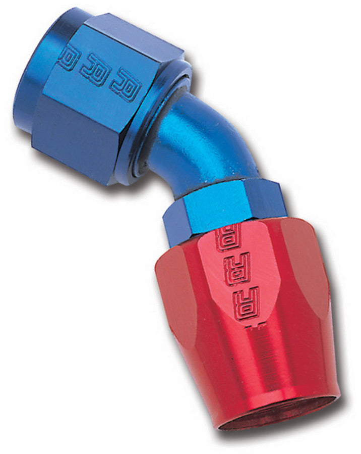 Russell Fitting - Hose End - Full Flow - 45 Degree - 6 AN Hose to 6 AN Female - Aluminum - Blue / Red Anodized - Each