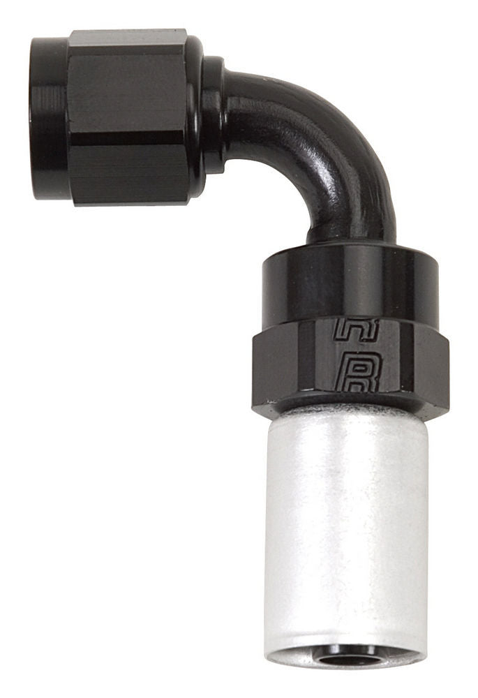 Russell Fitting - Hose End - Crimp-On - 90 Degree - 10 AN Hose Crimp to 10 AN Female - Aluminum - Black / Silver