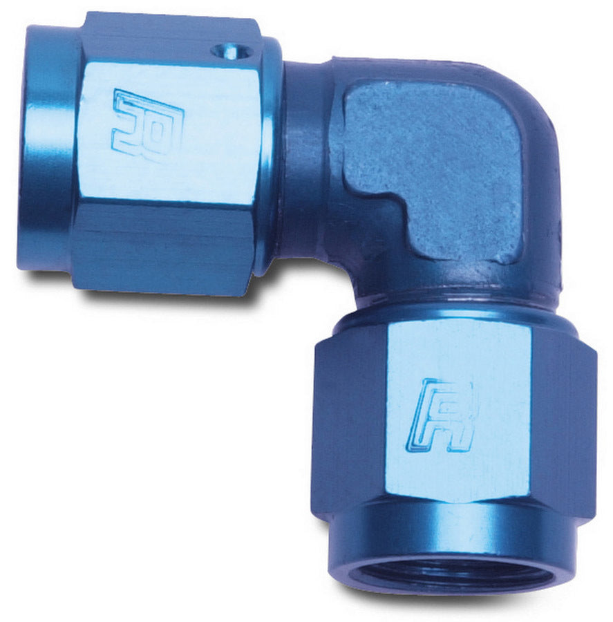 Russell Fitting - Adapter - 90 Degree - 6 AN Female to 6 AN Female - Low Profile - Aluminum - Blue Anodized - Each