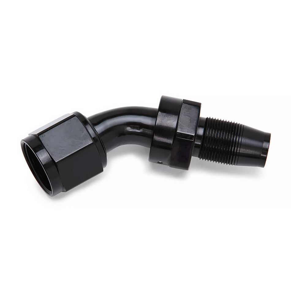 Russell Fitting - Hose End - Full Flow - 45 Degree - 6 AN Reusable to 6 AN Female - Swivel - Aluminum - Black / Silver