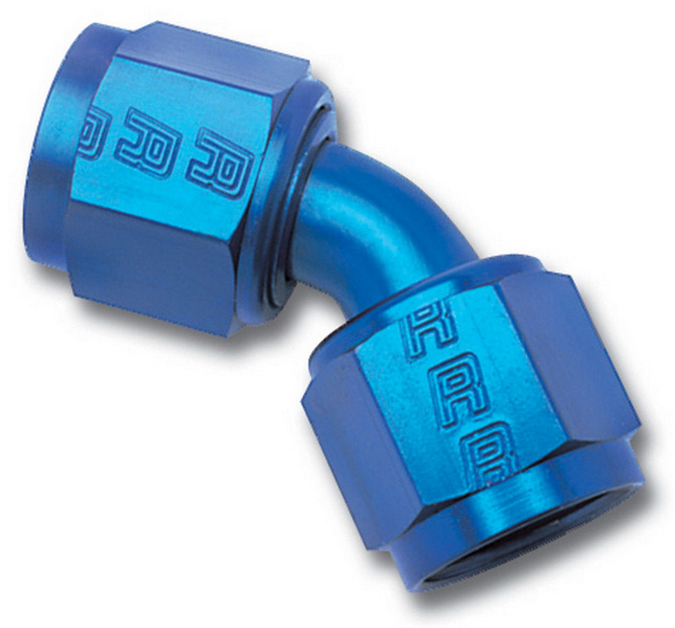Russell Fitting - Adapter - 45 Degree - 6 AN Female Swivel to 6 AN Female Swivel - Aluminum - Blue Anodized - Each
