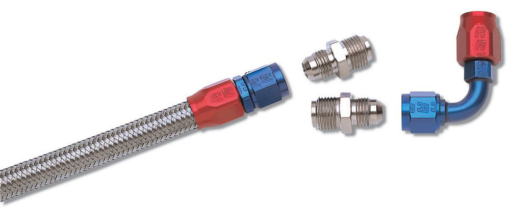 Russell Fuel Line - Stainless Braided Hose - AN Fittings / Adapters - Aluminum - Blue / Red Anodized - Quadrajet