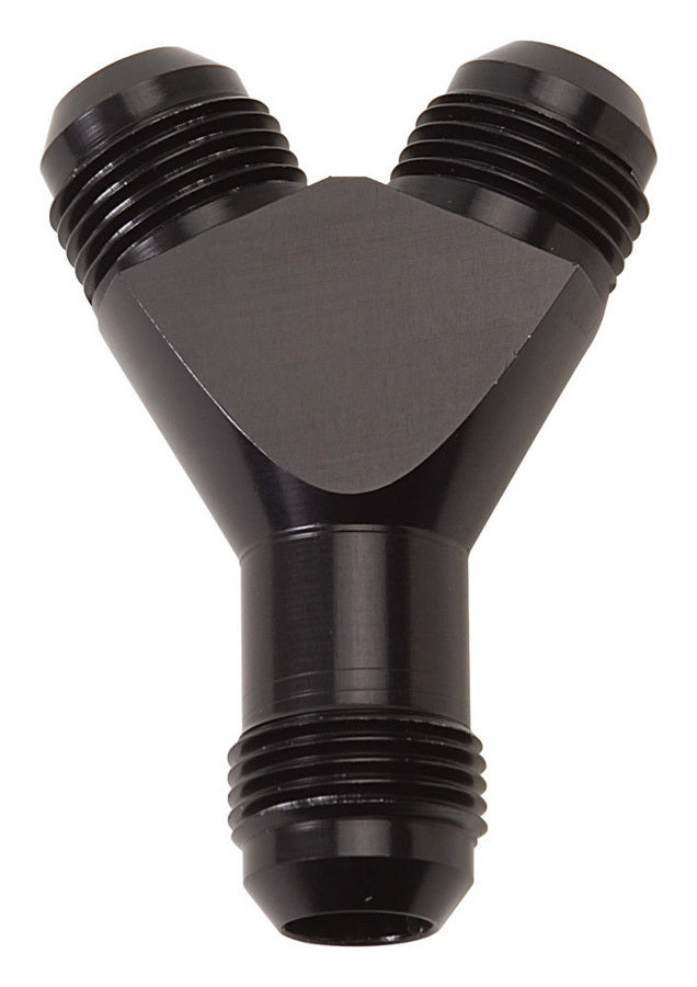 Russell Fitting - Y Block - 6 AN Male Inlet - Dual 6 AN Male Outlets - Aluminum - Black Anodized - Each