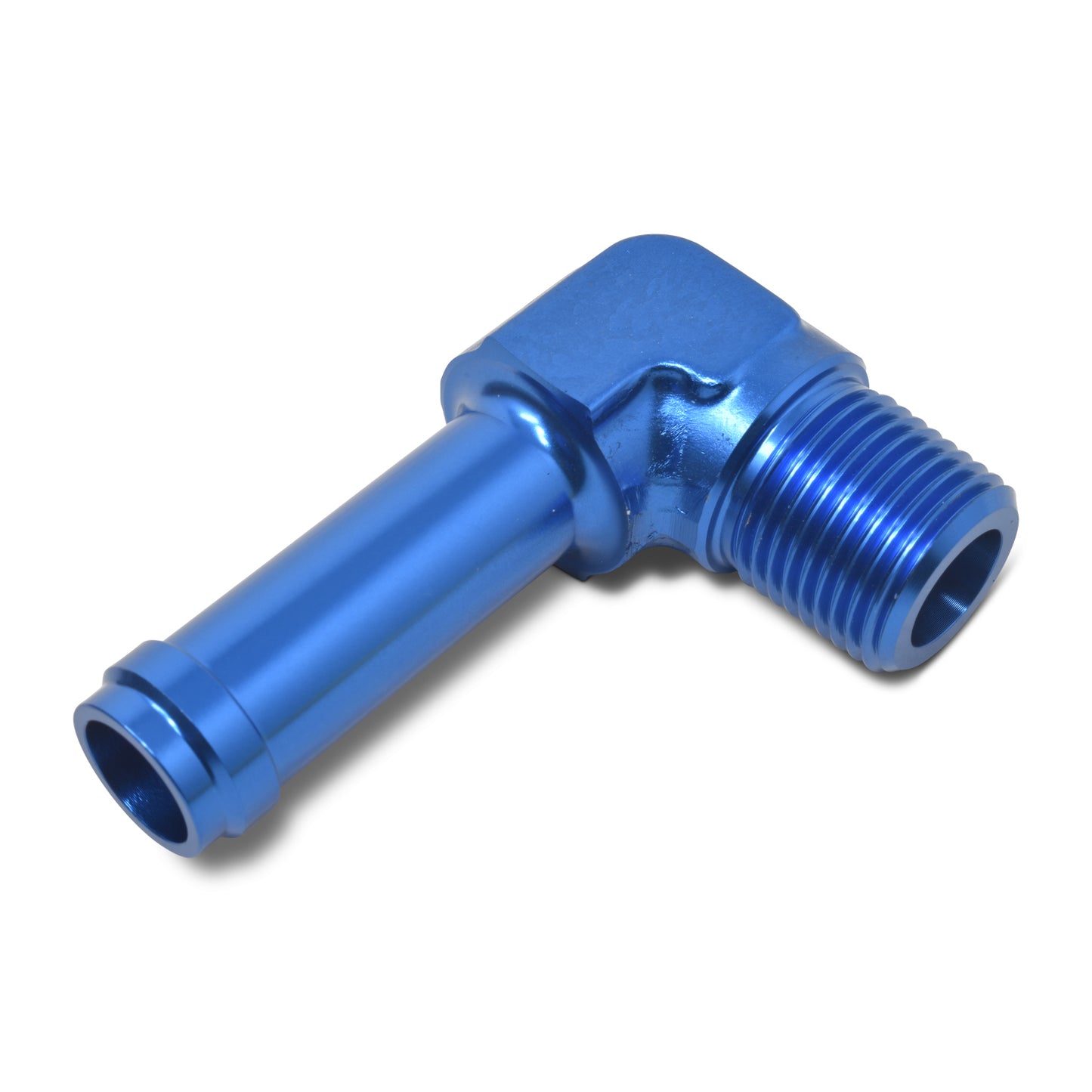 Russell Fitting - Adapter - 90 Degree - 1/8 in Hose Barb to 1/4 in NPT Male - Aluminum - Blue Anodized - Each