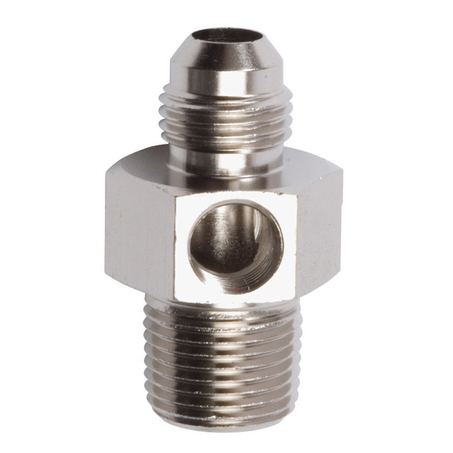 Russell Fitting - Gauge Adapter - Straight - 6 AN Male to 3/8 in NPT Male - 1/8 in NPT Gauge Port - Aluminum - Nickel