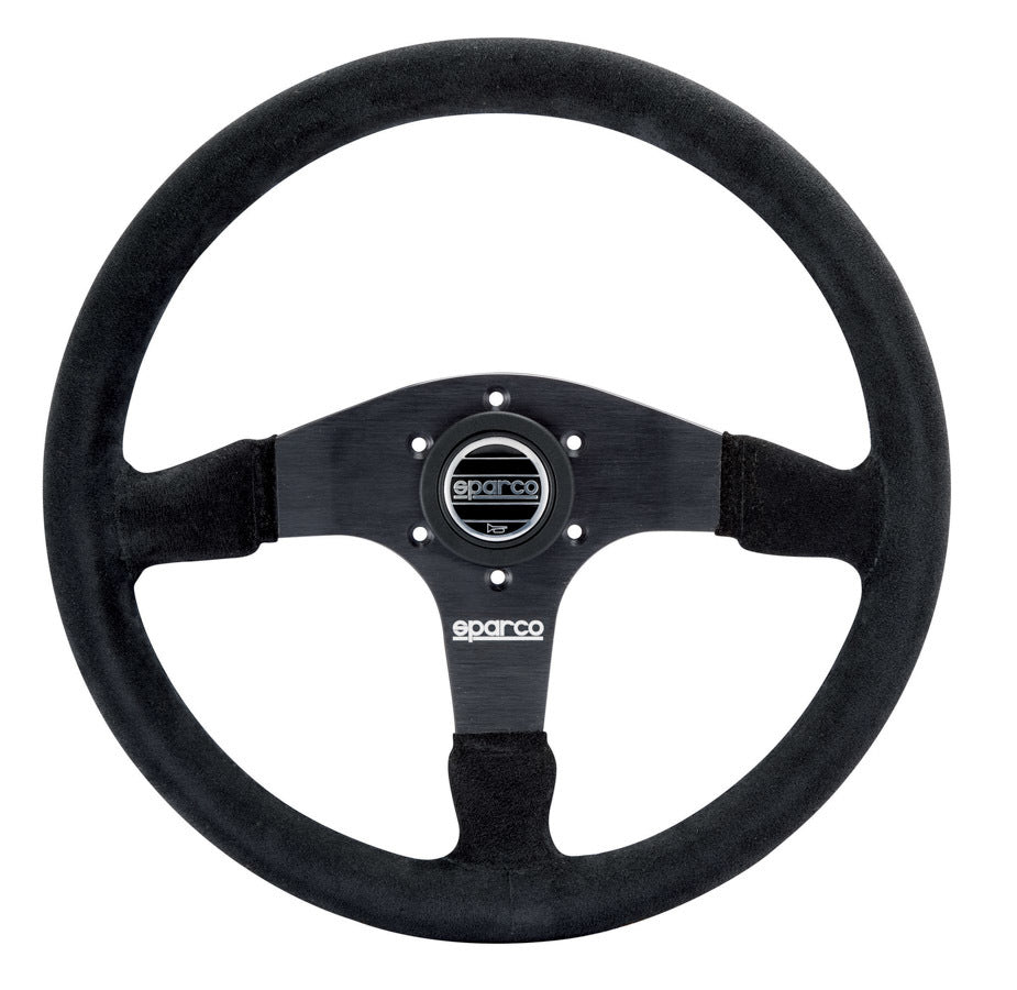Sparco Steering Wheel - R375 - 350 mm Diameter - 36 mm Dish - 3-Spoke - Black Suede Grip - Aluminum - Black Anodized -