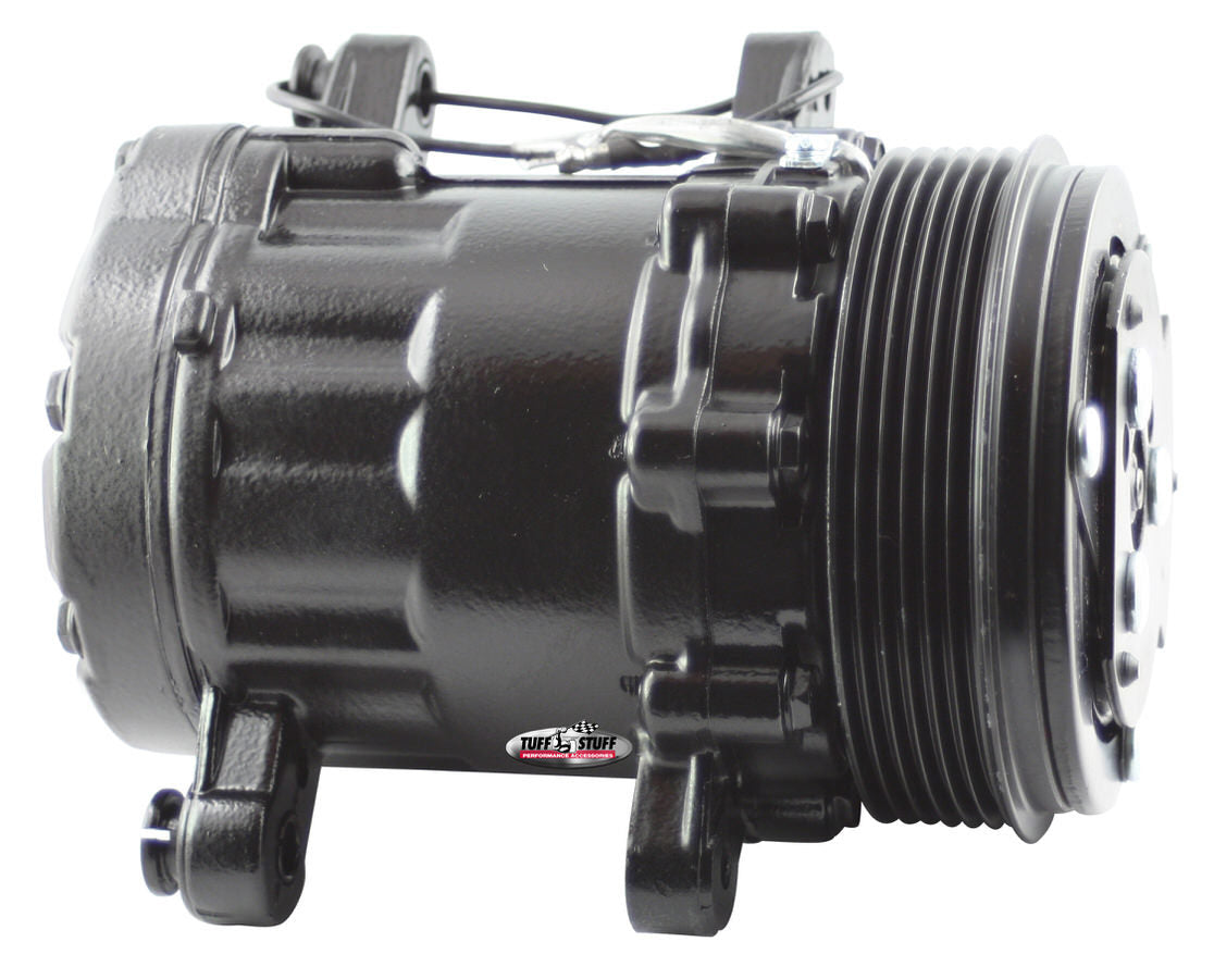 Tuff-Stuff Air Conditioning Compressor - Peanut Style - R-134A - 6-Rib Serpentine Pulley - Black Powder Coat -