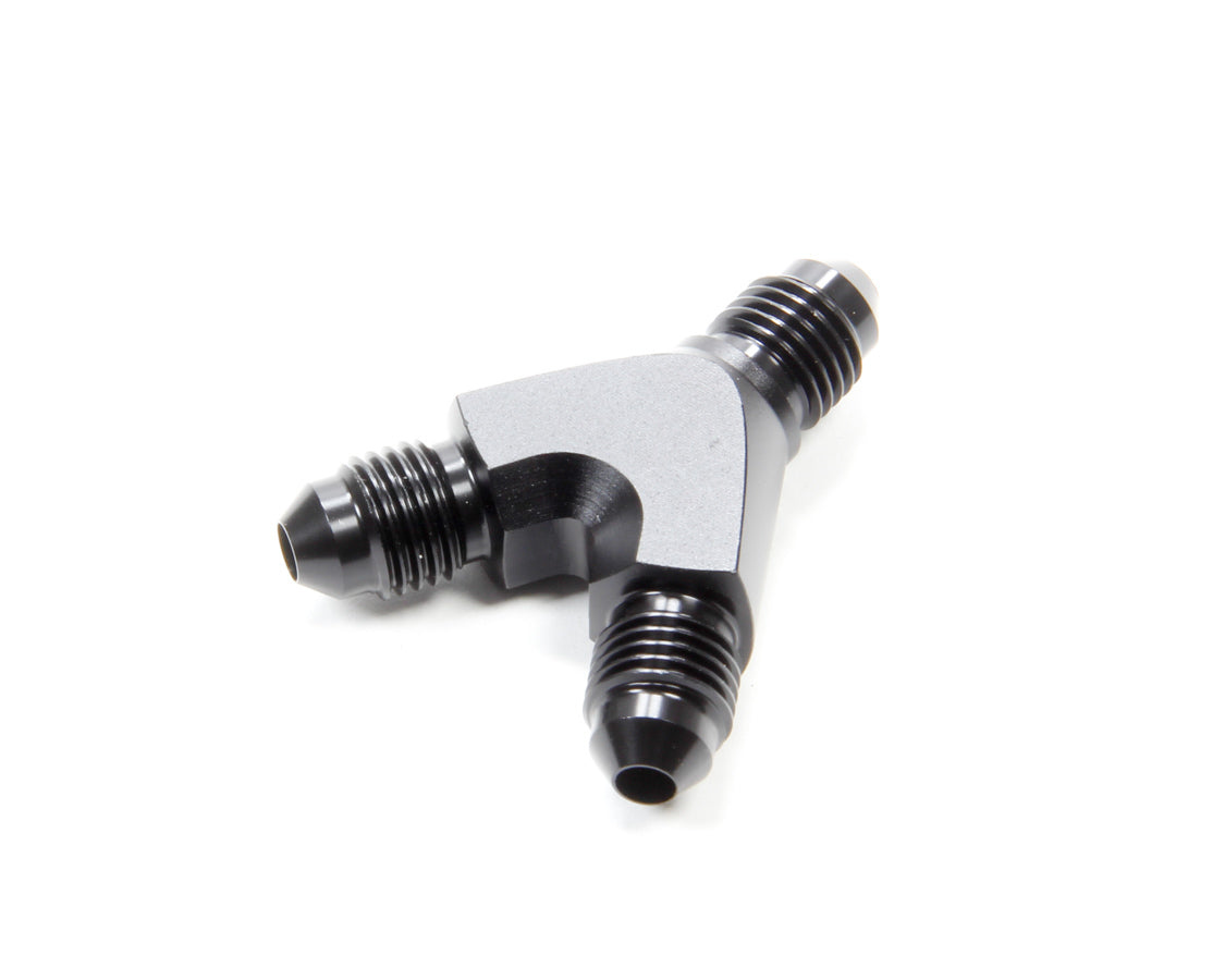 Vibrant Performance Fitting - Y Block - 4 AN Male Inlet - Dual 4 AN Male Outlets - Aluminum - Black Anodized - Each