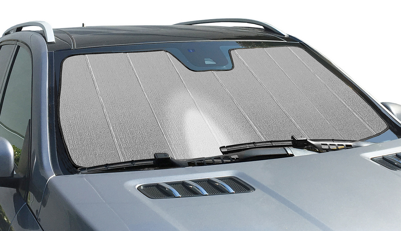 Premium Folding Sun Shade installed in a vehicle windshield