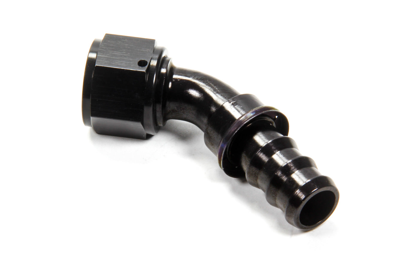 Aeroquip Fitting - Hose End - AQP Socketless - 45 Degree - 12 AN Hose Barb to 12 AN Female - Aluminum - Black Anodized