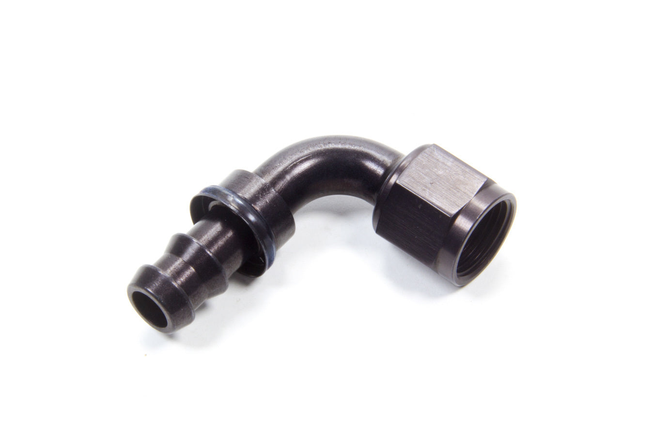 Aeroquip Fitting - Hose End - AQP Socketless - 90 Degree - 8 AN Hose Barb to 8 AN Female - Aluminum - Black Anodized -
