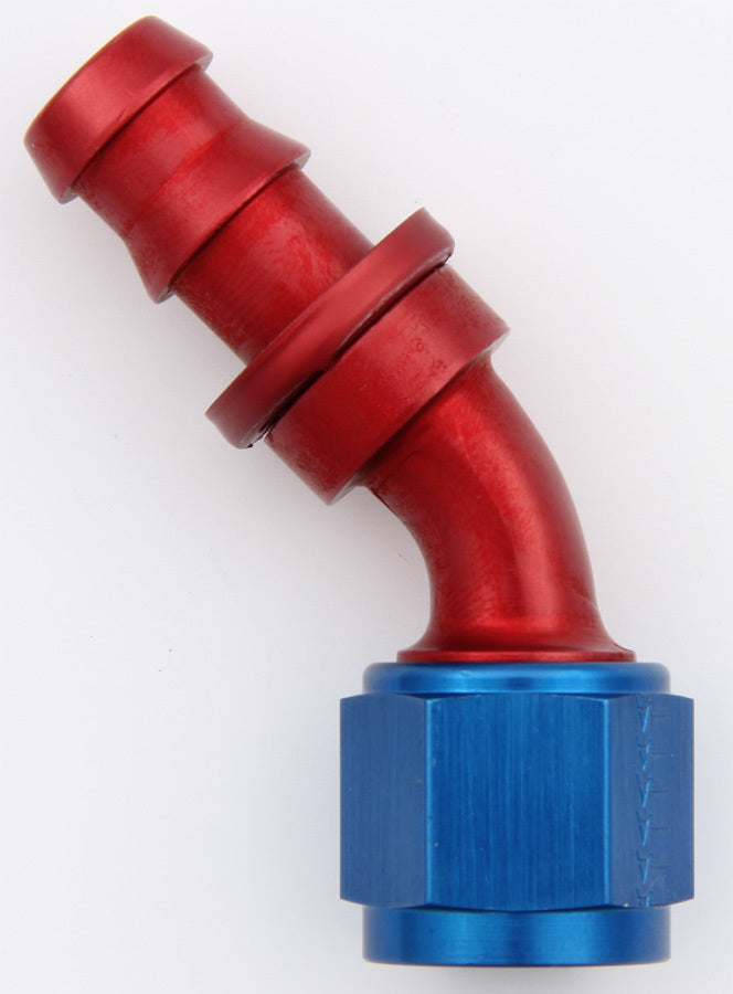 Aeroquip Fitting - Hose End - AQP Socketless - 45 Degree - 10 AN Hose Barb to 10 AN Female - Aluminum - Blue / Red