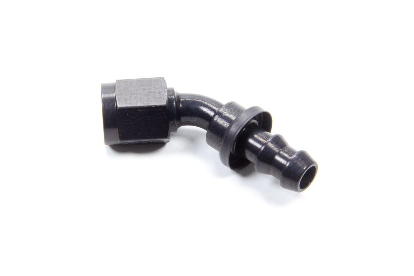Aeroquip Fitting - Hose End - AQP Socketless - 45 Degree - 6 AN Hose Barb to 6 AN Female - Aluminum - Black Anodized -