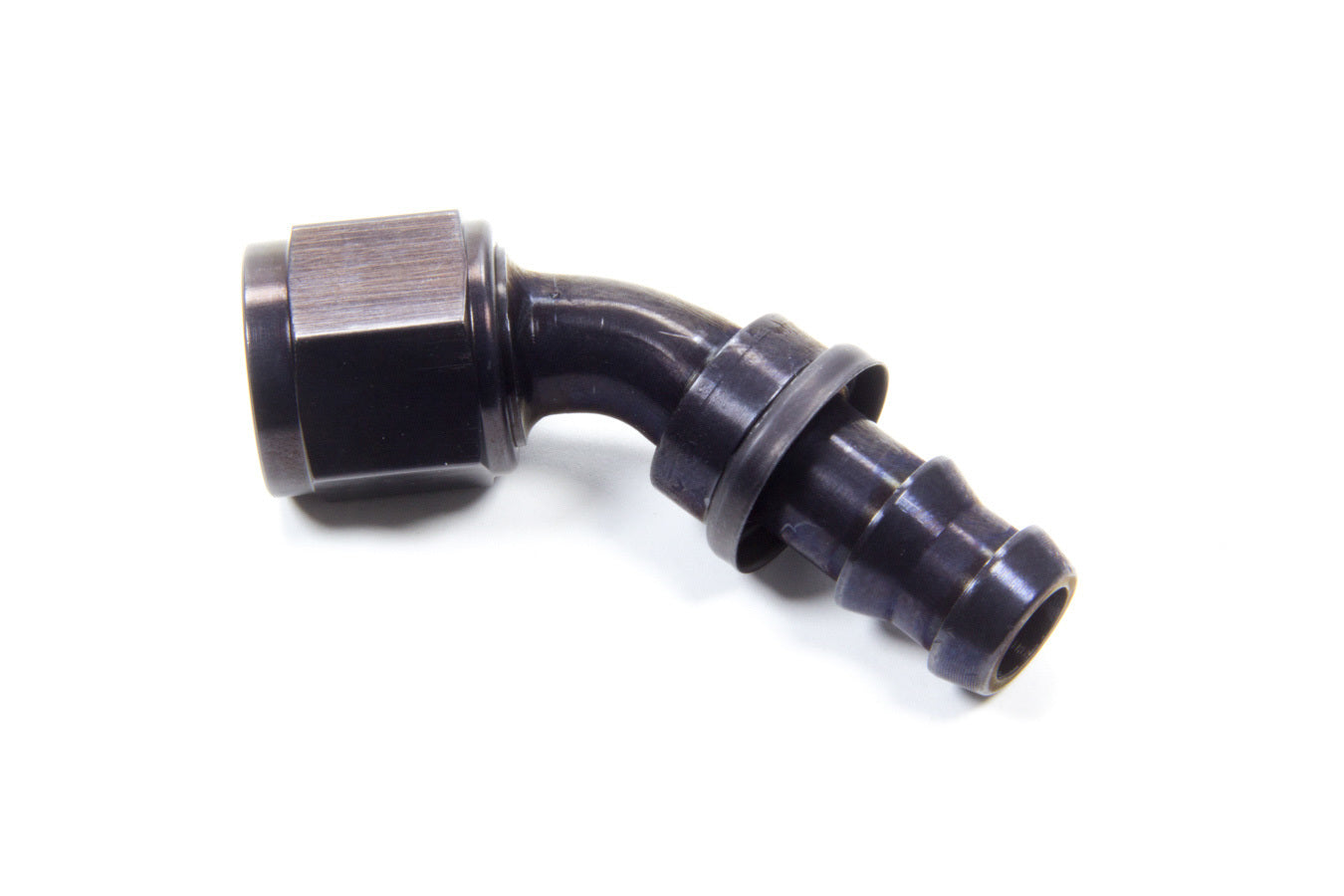 Aeroquip Fitting - Hose End - AQP Socketless - 45 Degree - 8 AN Hose Barb to 8 AN Female - Aluminum - Black Anodized -