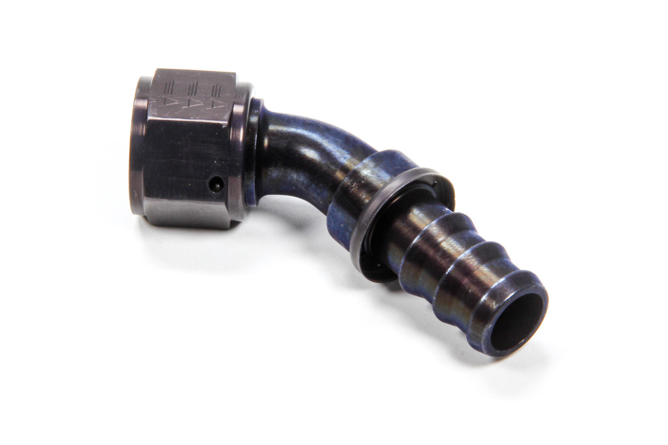 Aeroquip Fitting - Hose End - AQP Socketless - 45 Degree - 12 AN Hose Barb to 12 AN Female - Aluminum - Black Anodized