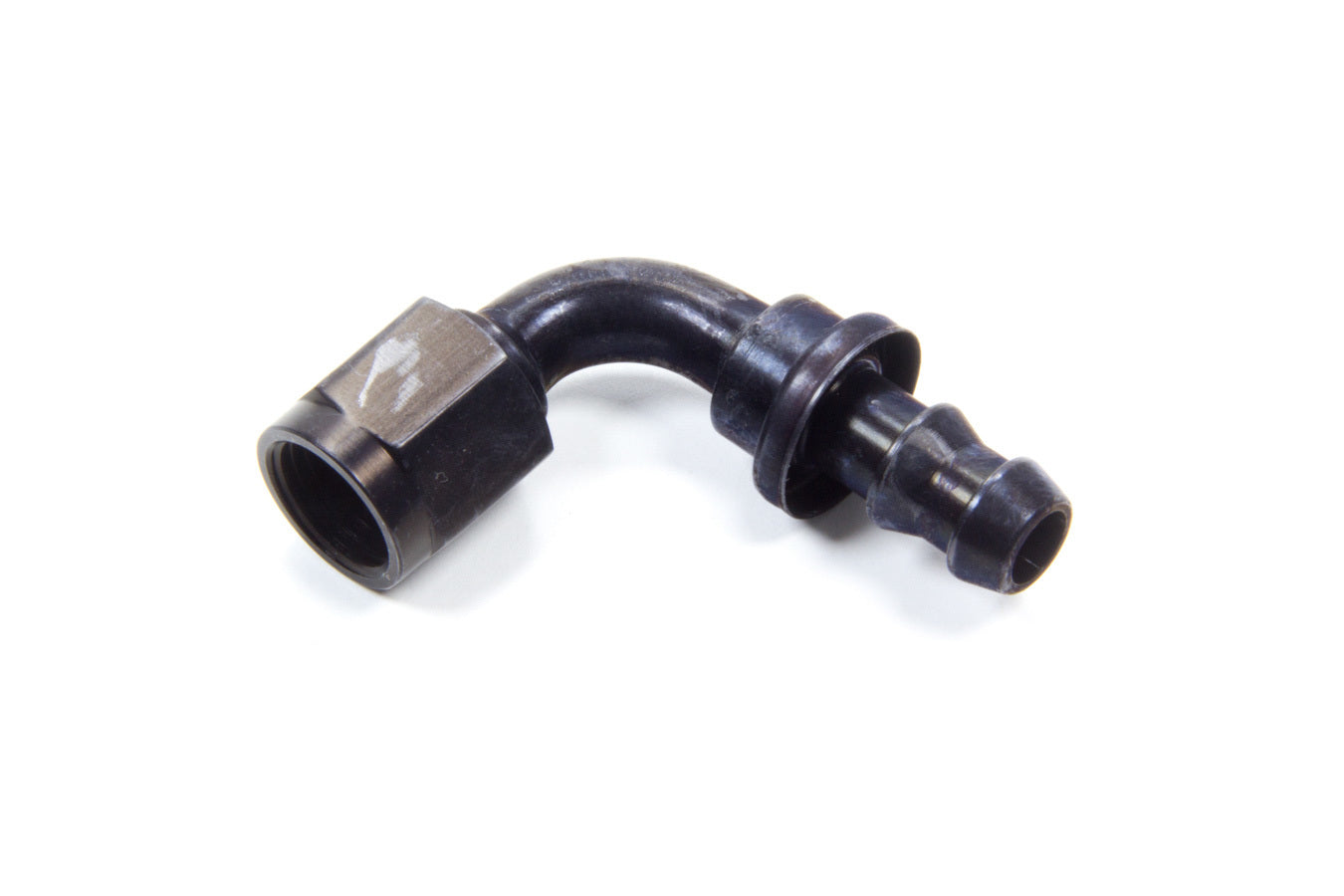 Aeroquip Fitting - Hose End - AQP Socketless - 90 Degree - 6 AN Hose Barb to 6 AN Female - Aluminum - Black Anodized -