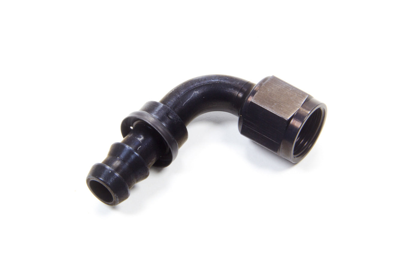 Aeroquip Fitting - Hose End - AQP Socketless - 90 Degree - 8 AN Hose Barb to 8 AN Female - Aluminum - Black Anodized -