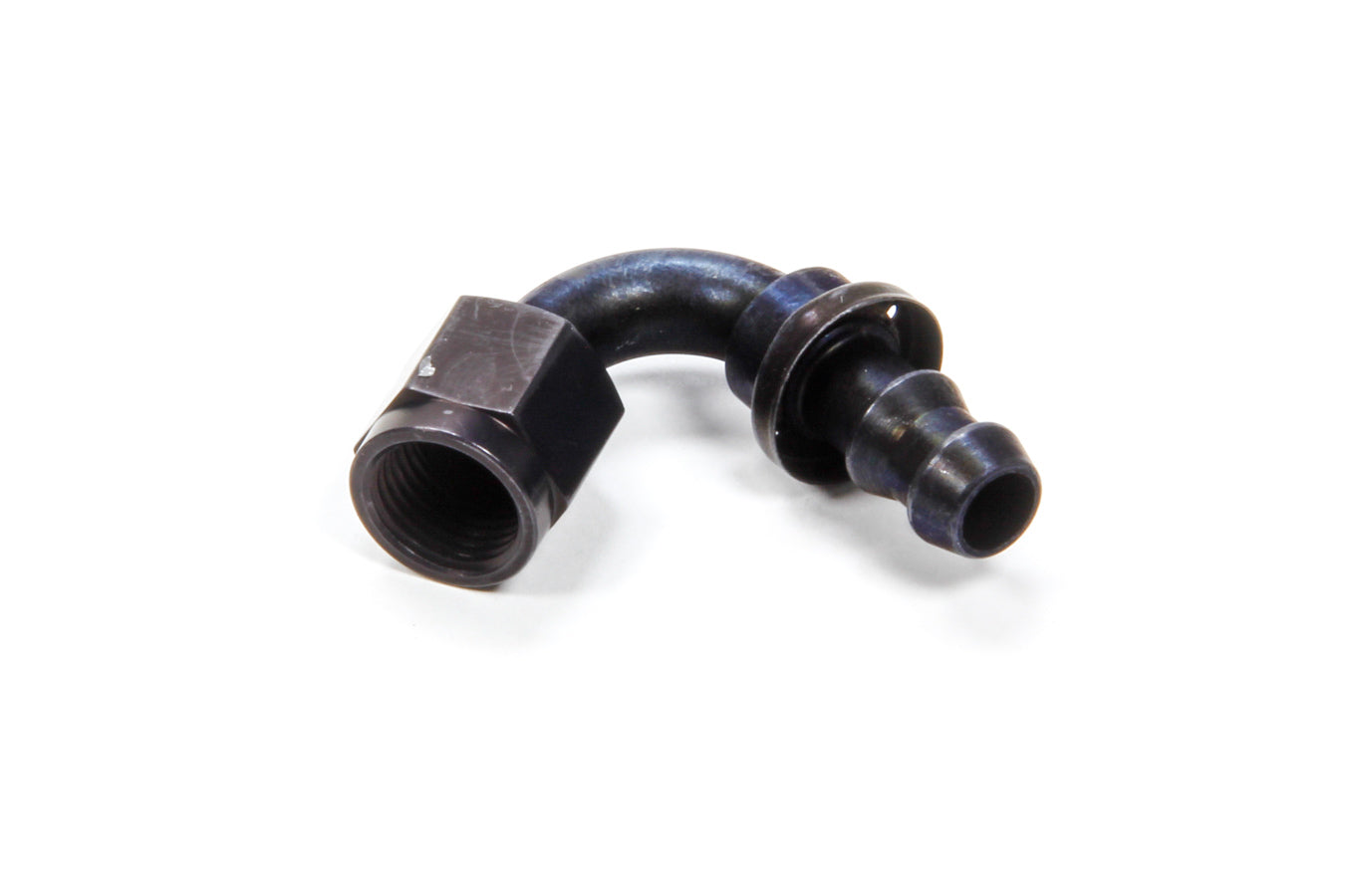 Aeroquip Fitting - Hose End - AQP Socketless - 120 Degree - 6 AN Hose Barb to 6 AN Female - Aluminum - Black Anodized