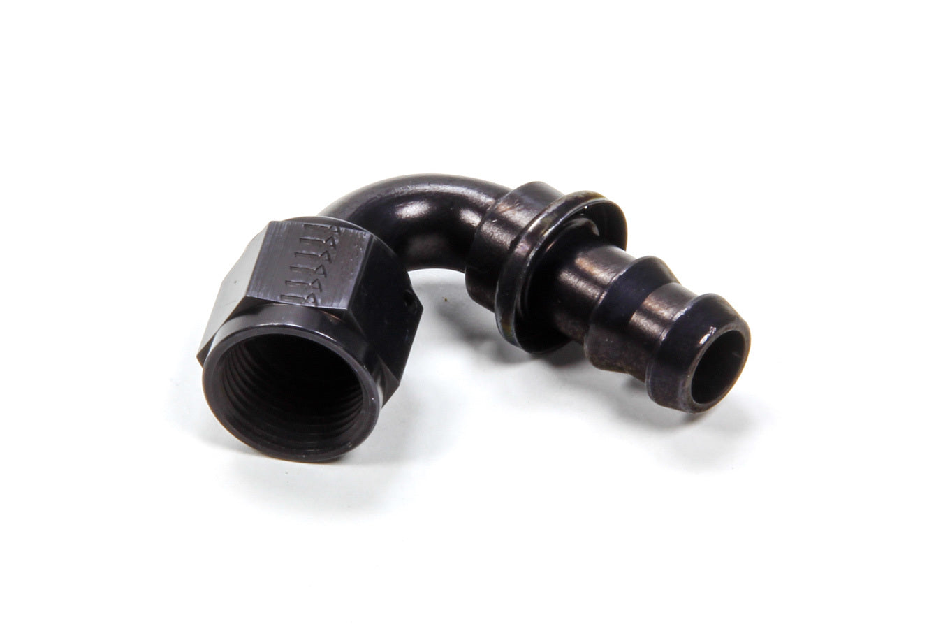 Aeroquip Fitting - Hose End - AQP Socketless - 120 Degree - 8 AN Hose Barb to 8 AN Female - Aluminum - Black Anodized