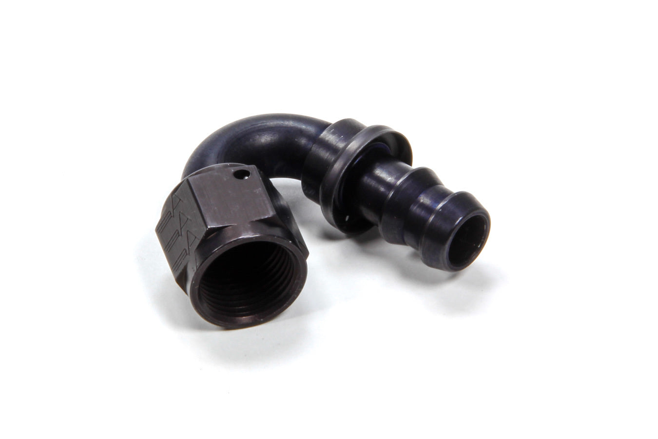 Aeroquip Fitting - Hose End - AQP Socketless - 150 Degree - 8 AN Hose Barb to 8 AN Female - Aluminum - Black Anodized