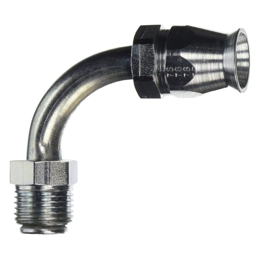 Aeroquip Fitting - Hose End - PTFE Racing Hose - 90 Degree - 6 AN Hose to 5/8-18 Inverted Flare Male - Steel - Natural