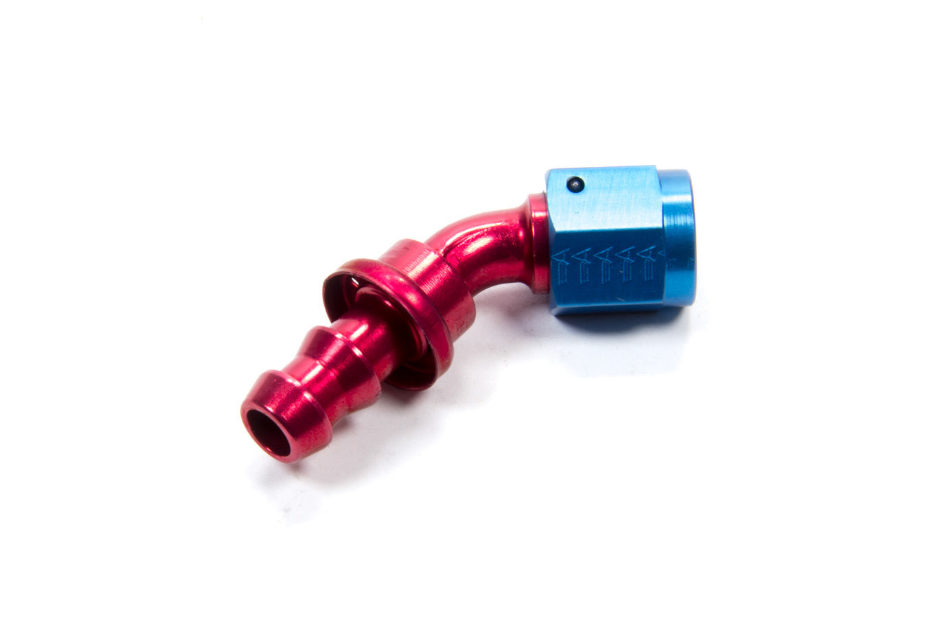 Aeroquip Fitting - Hose End - AQP Socketless - 45 Degree - 6 AN Hose Barb to 6 AN Female - Aluminum - Blue / Red