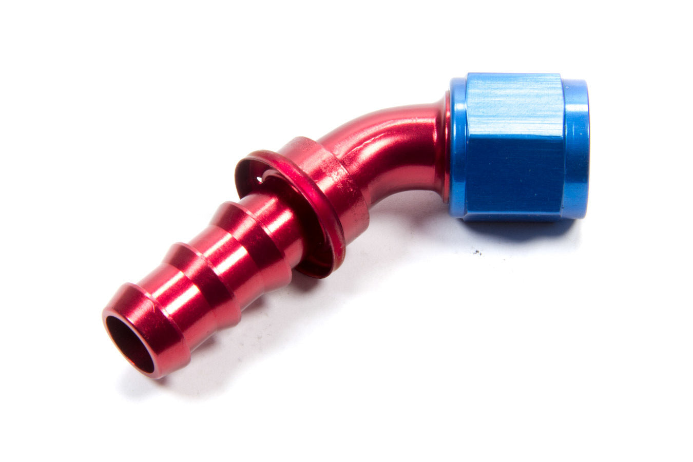 Aeroquip Fitting - Hose End - AQP Socketless - 45 Degree - 10 AN Hose Barb to 10 AN Female - Aluminum - Blue / Red