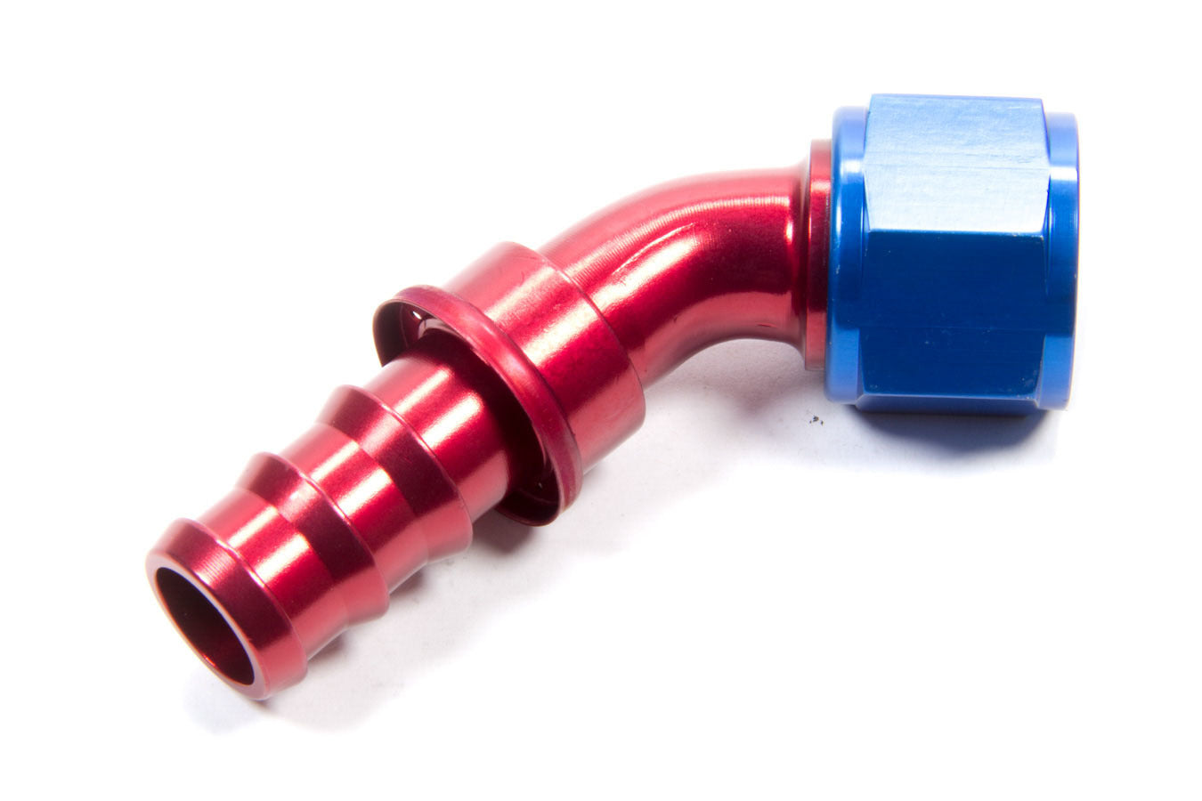 Aeroquip Fitting - Hose End - AQP Socketless - 45 Degree - 12 AN Hose Barb to 12 AN Female - Aluminum - Blue / Red