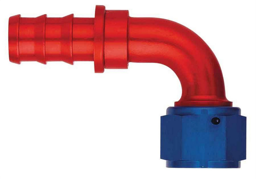 Aeroquip Fitting - Hose End - AQP Socketless - 90 Degree - 6 AN Hose Barb to 6 AN Female - Aluminum - Blue / Red