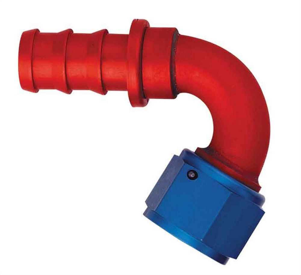 Aeroquip Fitting - Hose End - AQP Socketless - 120 Degree - 10 AN Hose Barb to 10 AN Female - Aluminum - Blue / Red