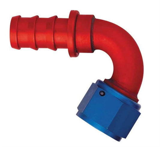 Aeroquip Fitting - Hose End - AQP Socketless - 120 Degree - 12 AN Hose Barb to 12 AN Female - Aluminum - Blue / Red