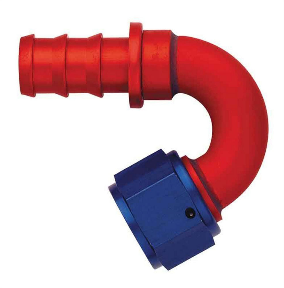 Aeroquip Fitting - Hose End - AQP Socketless - 150 Degree - 8 AN Hose Barb to 8 AN Female - Aluminum - Blue / Red