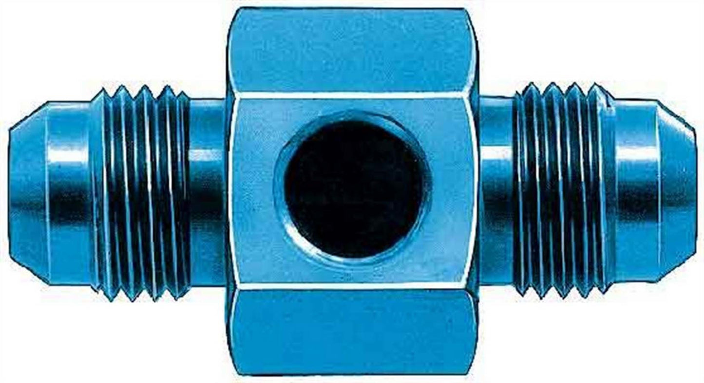 Aeroquip Fitting - Gauge Adapter - Straight - 8 AN Male to 8 AN Male - 1/8 in NPT Gauge Port - Aluminum - Blue